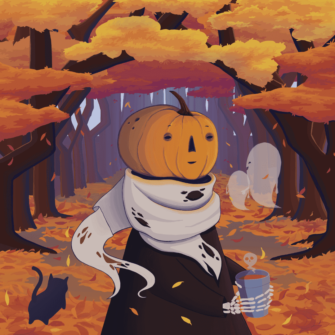 Pumpkin person stolling through an autumnal park with a pumkin latte in hand and a moth-eaten scarf waving in the wind. A ghost and their kid laugh and walk in the background.